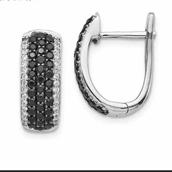 Sterling Silver Black Hoop Earring Simulated diamonds Black gothic Sparkly - Picture 2 of 15